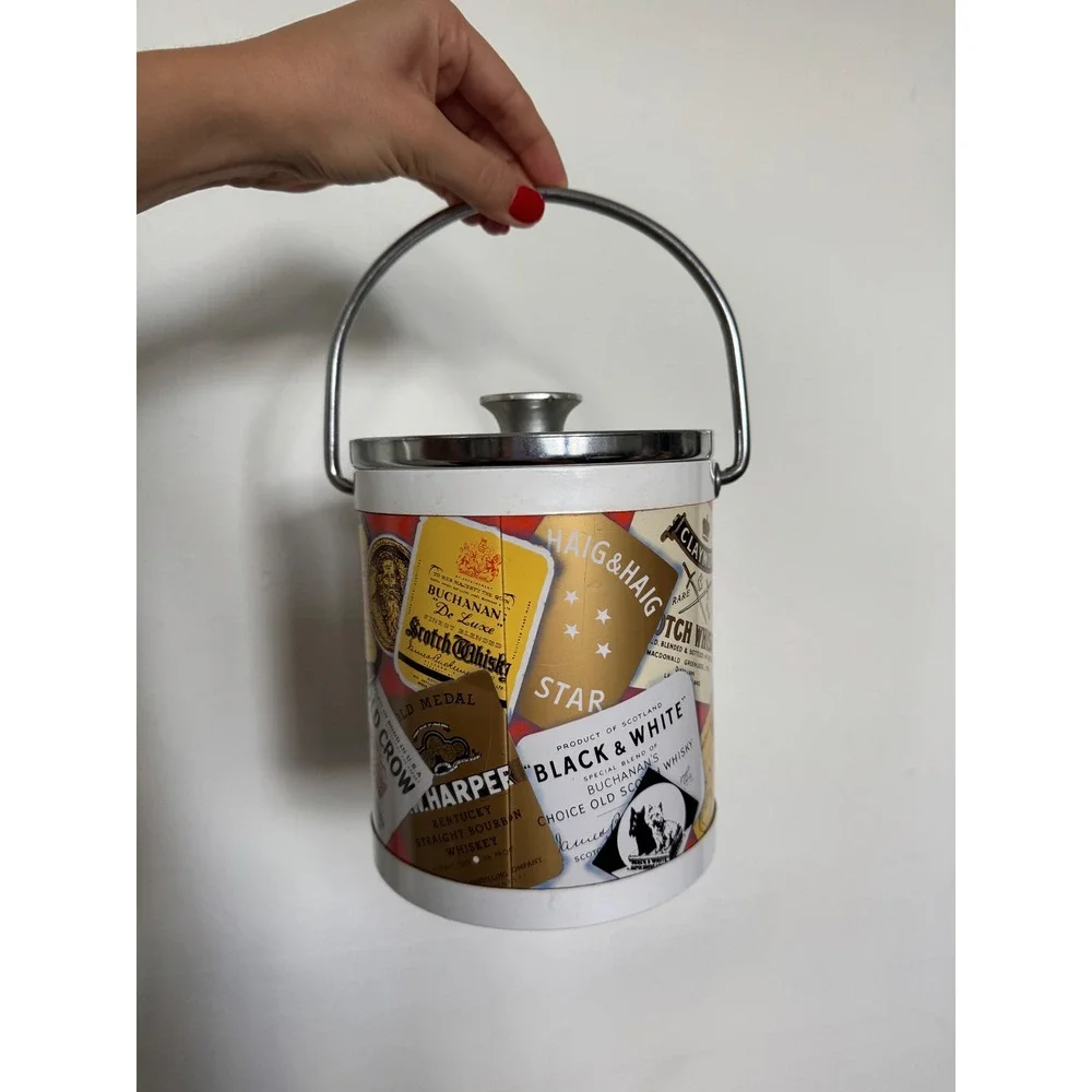 Vintage Liquor Label Collage Ice Bucket Chrome Lid Japan Mid Century Barware